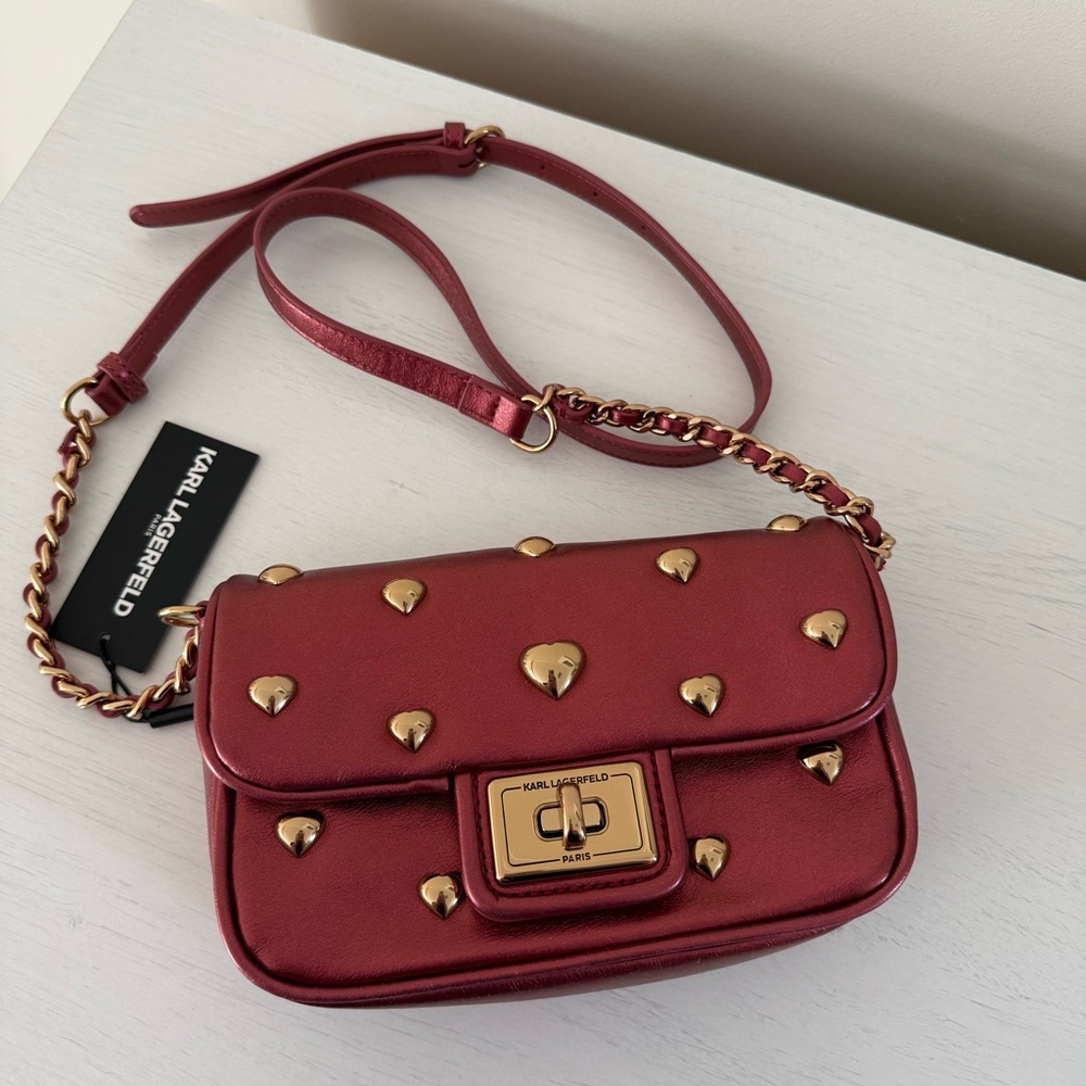 Karl Lagerfeld Metallic Burgundy Heart Flap Bag - Picture 9 of 10